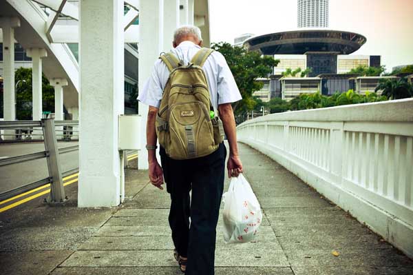 Person with backpack for parents strolling on bridge.